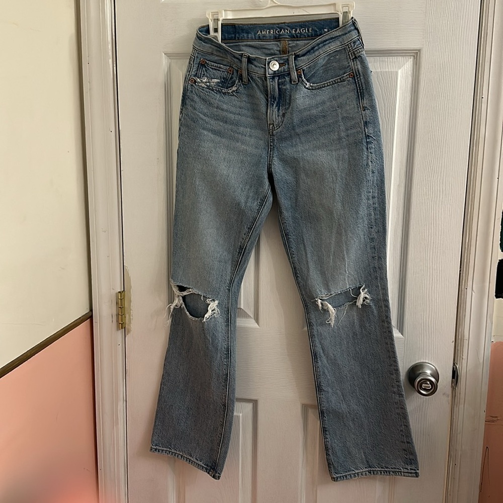 American Eagle Light Wash Straight Leg Bootcut Jeans Distressed Detail Mid Rise